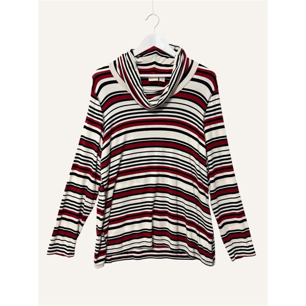 Chico's Striped Cowl Neck Top Size (2) Large White Black Red Lightweight Relaxed